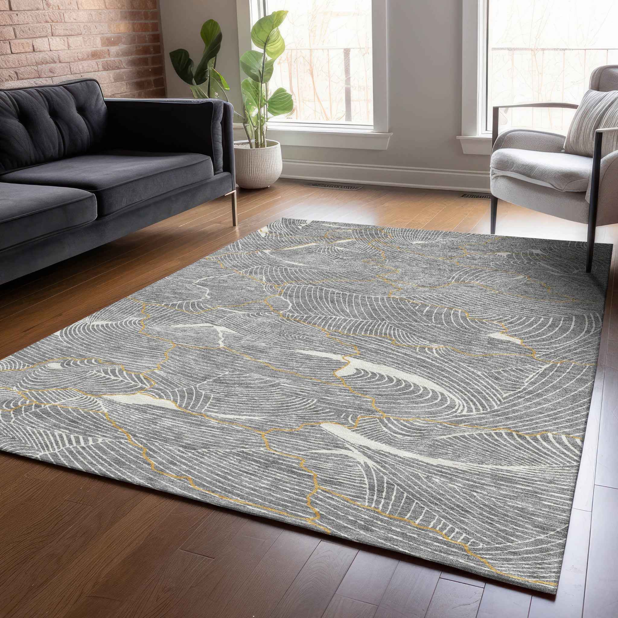 3' X 5' Gray Brown And Ivory Abstract Washable Indoor Outdoor Area Rug