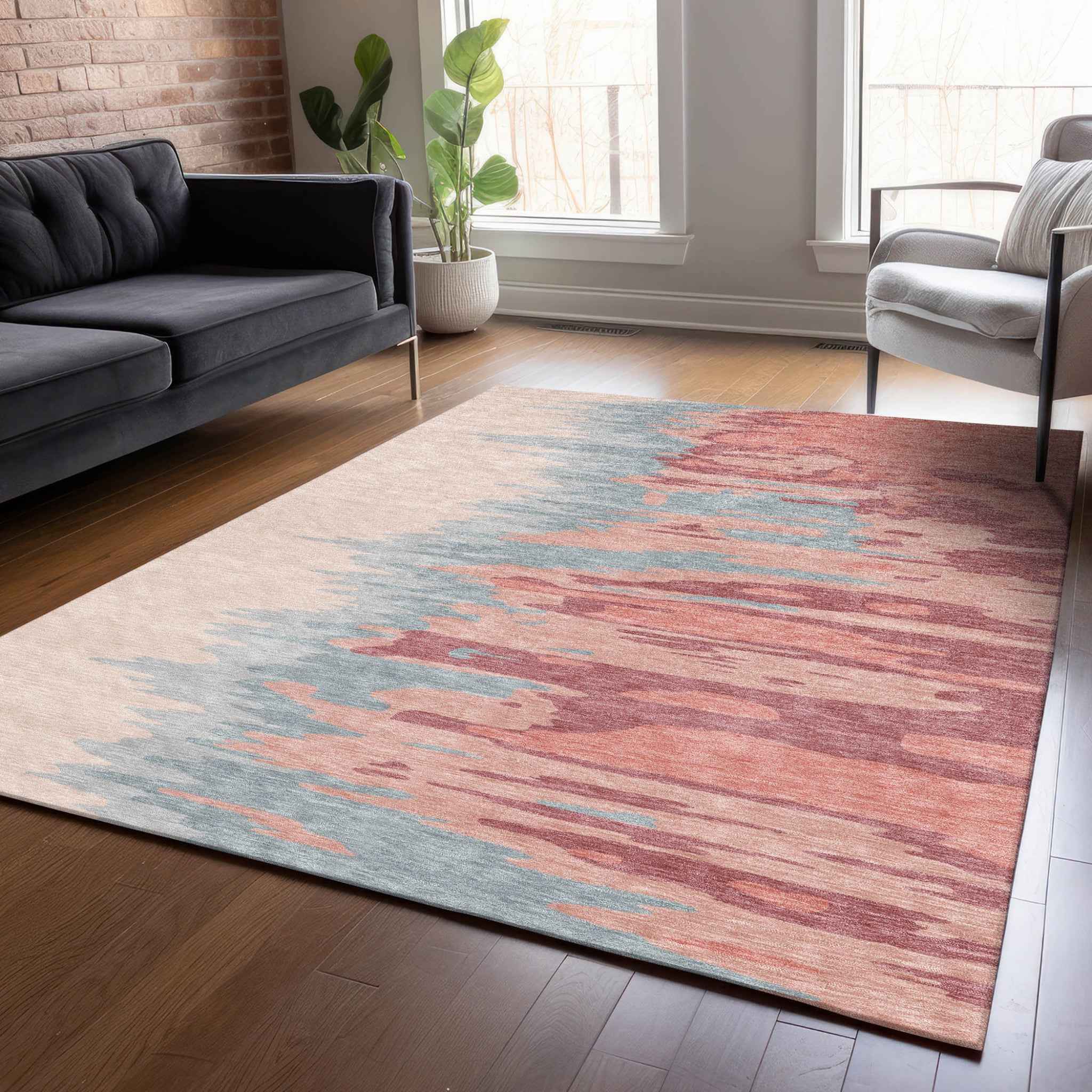 10' X 14' Coral Pink And Gray Abstract Washable Indoor Outdoor Area Rug
