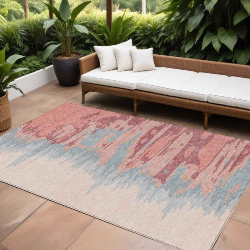10' X 14' Coral Pink And Gray Abstract Washable Indoor Outdoor Area Rug