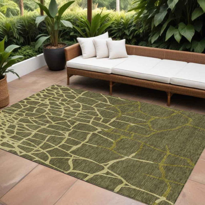 10' X 14' Olive Green And Dark Green Abstract Washable Indoor Outdoor Area Rug