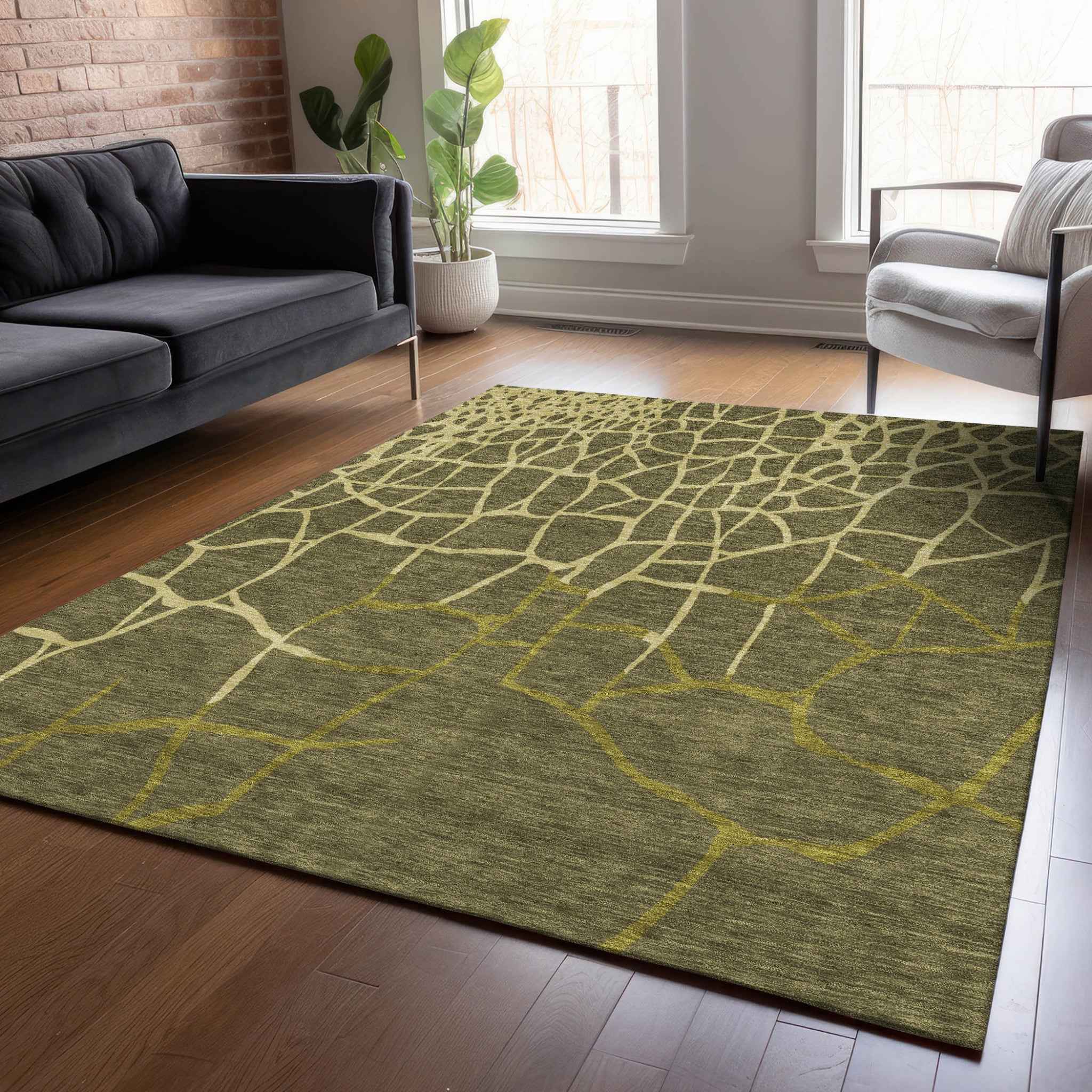 8' X 10' Olive Green And Dark Green Abstract Washable Indoor Outdoor Area Rug