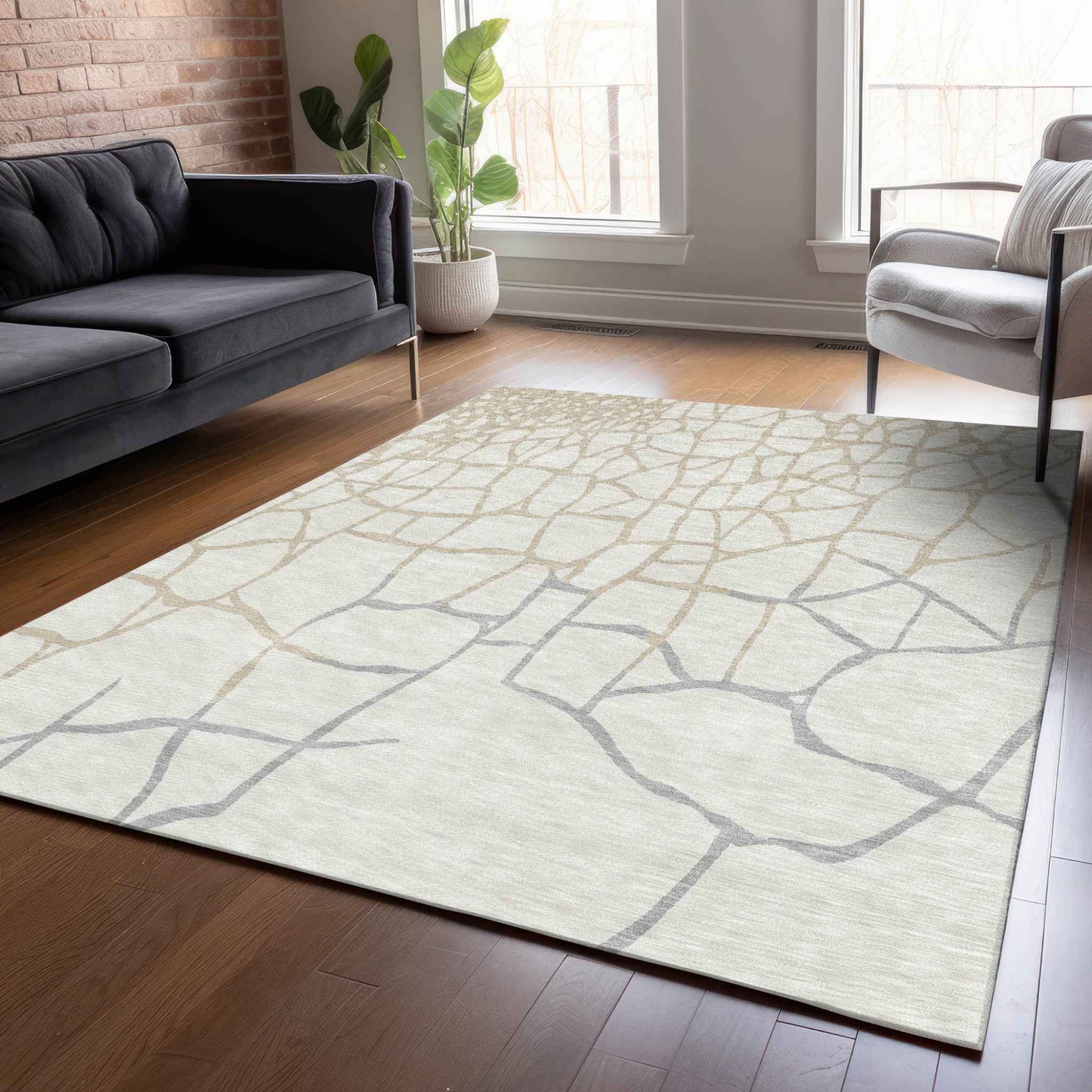 3' X 5' Ivory And Beige Abstract Washable Indoor Outdoor Area Rug