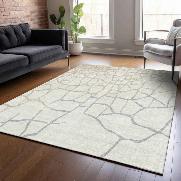 3' X 5' Ivory And Beige Abstract Washable Indoor Outdoor Area Rug