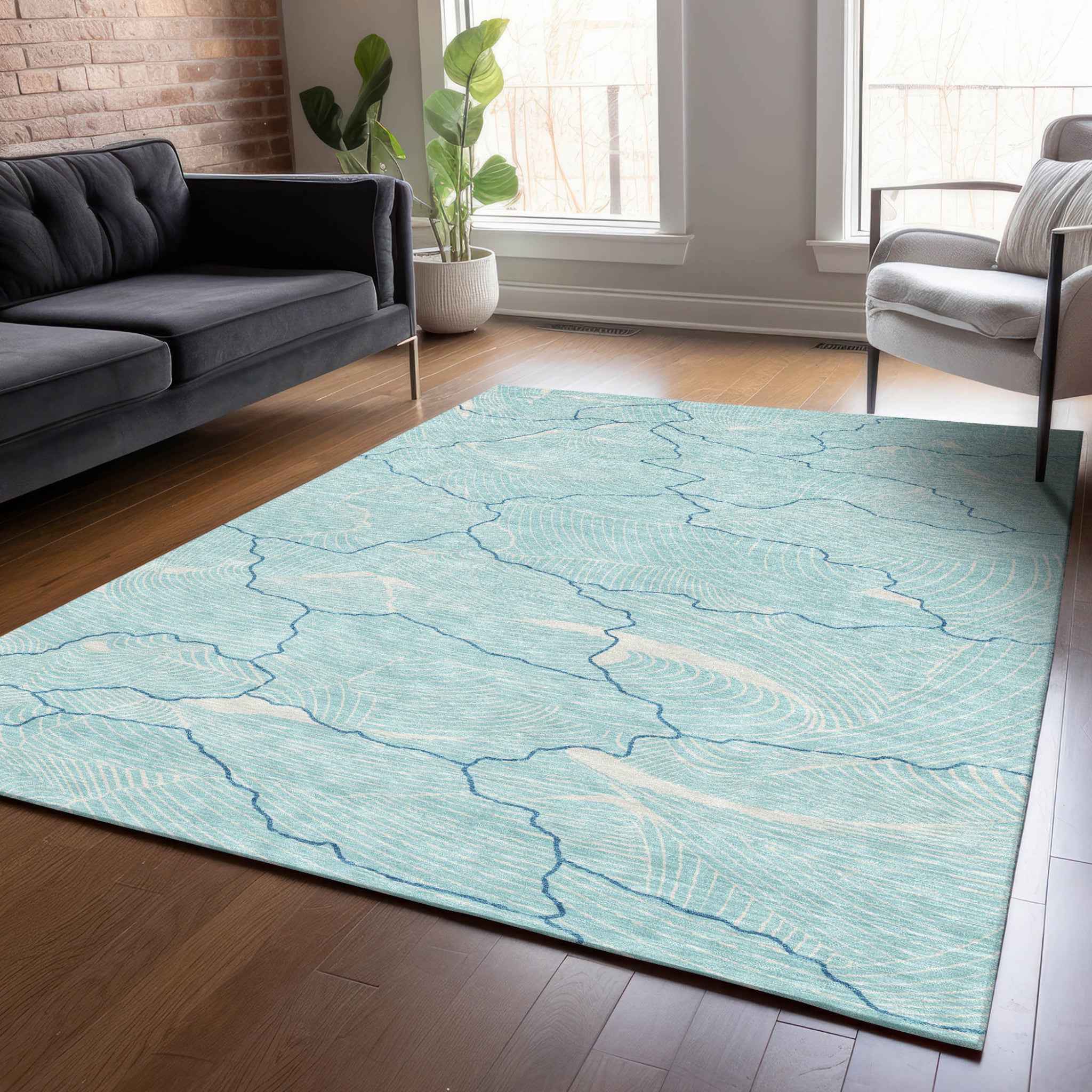 8' X 10' Aqua And Ivory Abstract Washable Indoor Outdoor Area Rug
