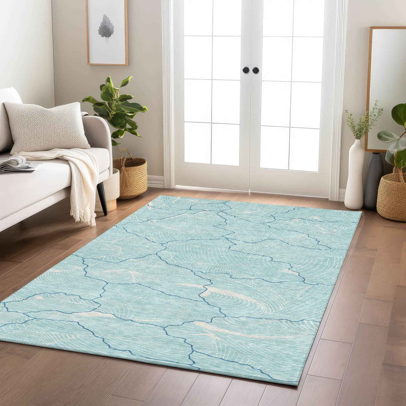 8' X 10' Aqua And Ivory Abstract Washable Indoor Outdoor Area Rug