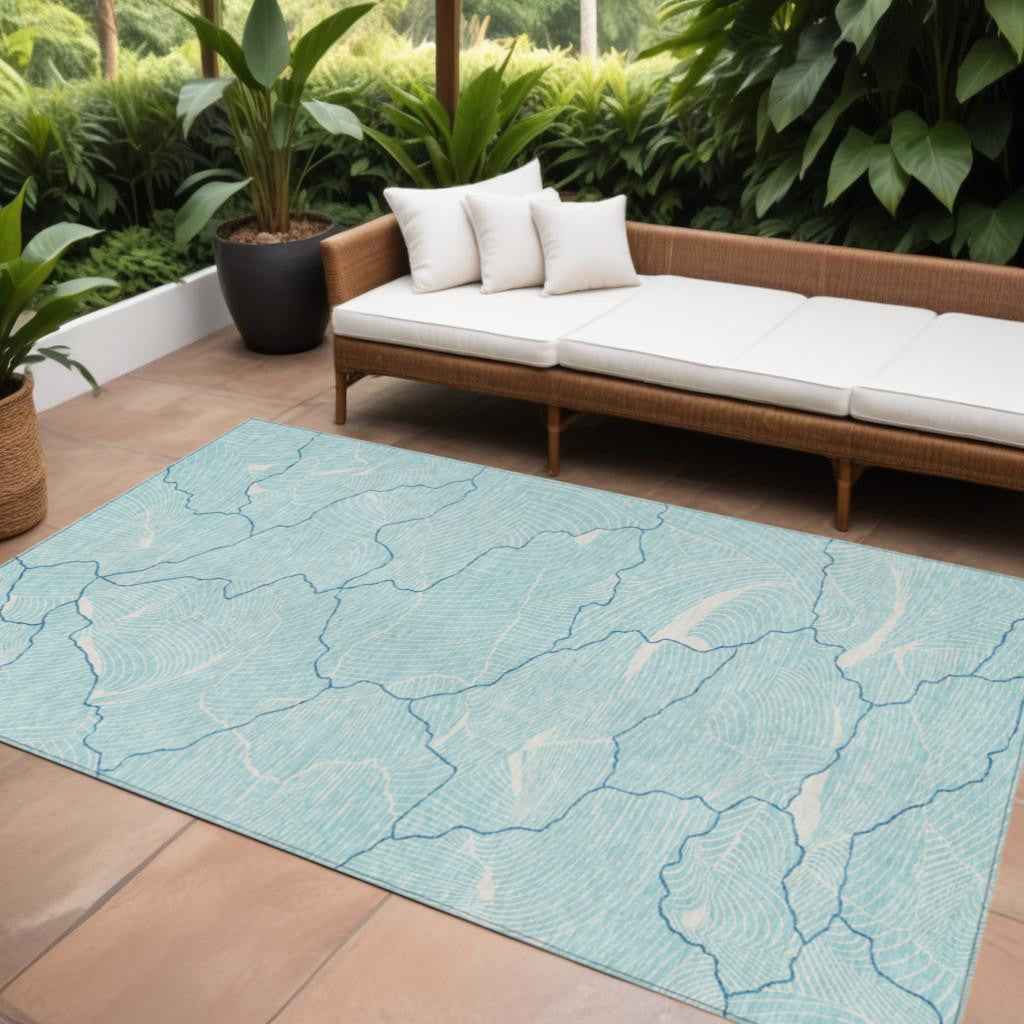 8' X 10' Aqua And Ivory Abstract Washable Indoor Outdoor Area Rug