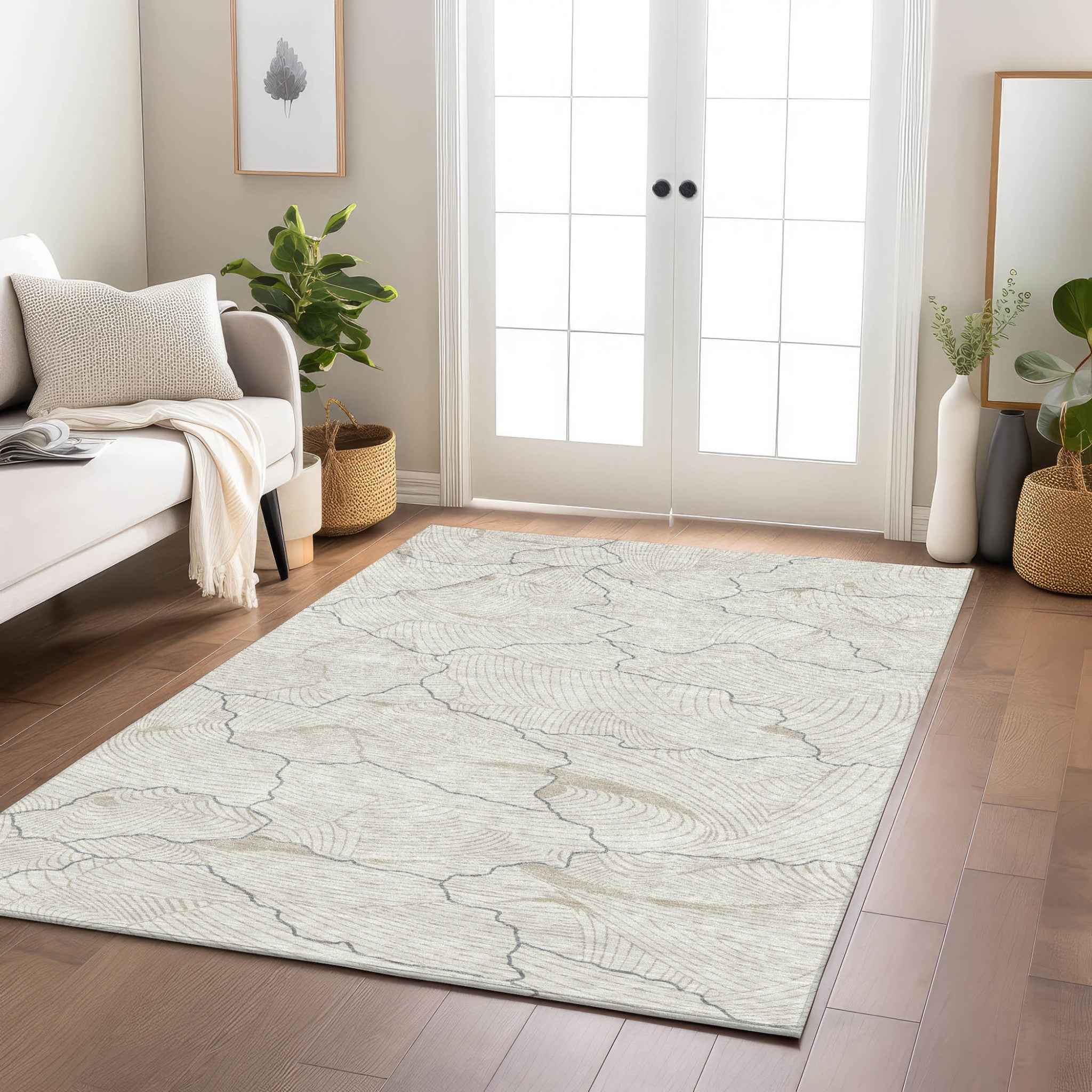 5' X 8' Ivory And Gray Abstract Washable Indoor Outdoor Area Rug