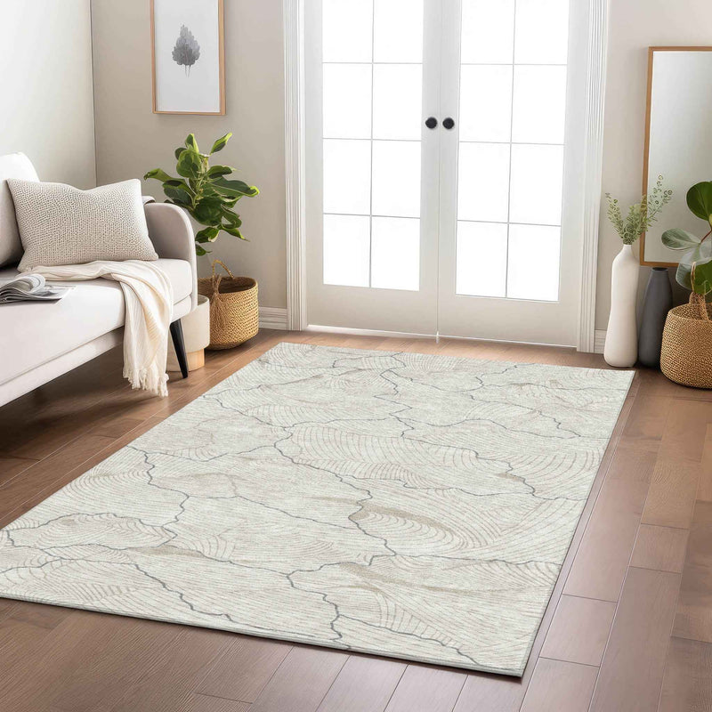 5' X 8' Ivory And Gray Abstract Washable Indoor Outdoor Area Rug