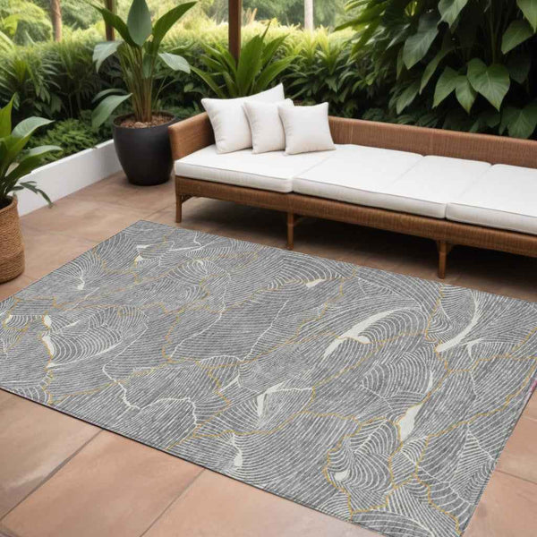 9' X 12' Gray Brown And Ivory Abstract Washable Indoor Outdoor Area Rug