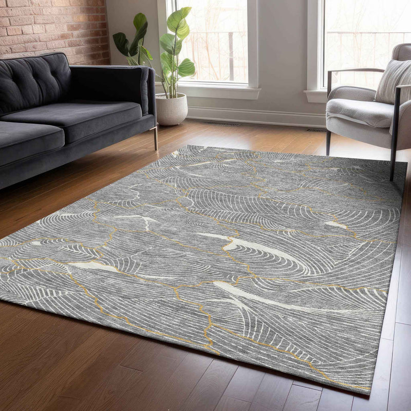 9' X 12' Gray Brown And Ivory Abstract Washable Indoor Outdoor Area Rug