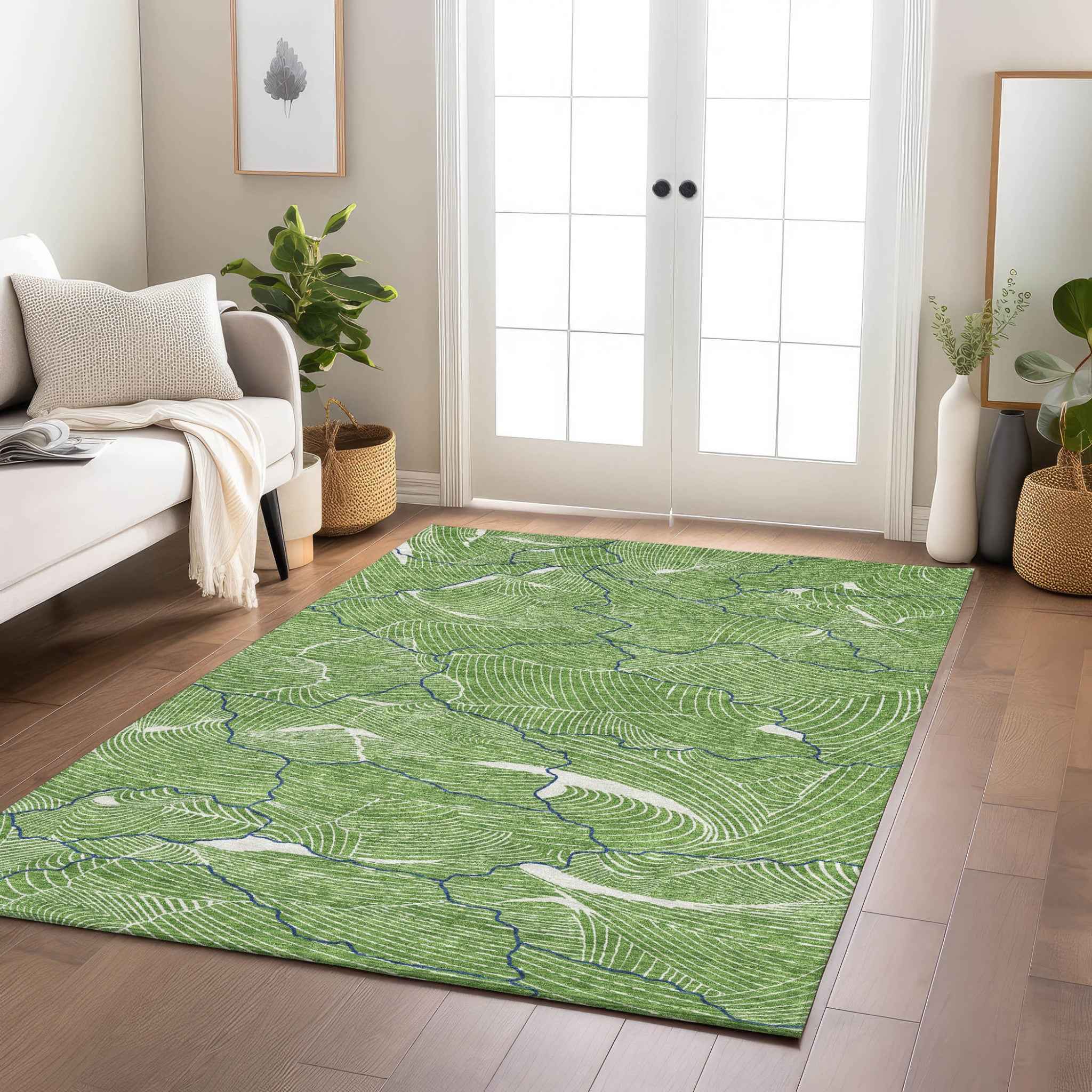 5' X 8' Green Blue And Ivory Abstract Washable Indoor Outdoor Area Rug