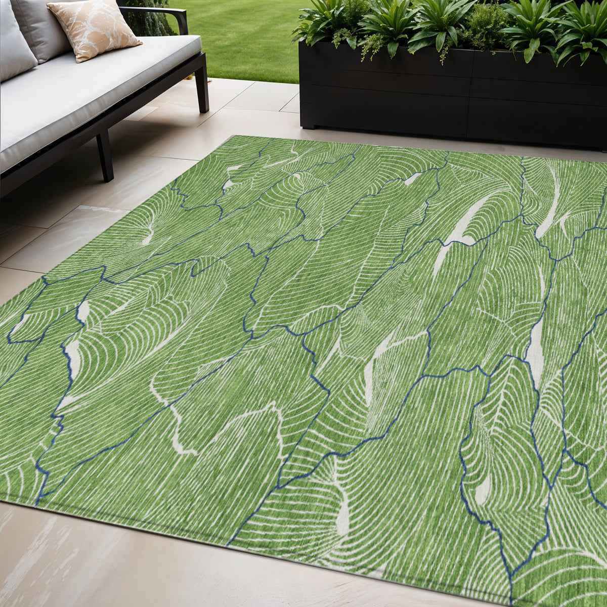 5' X 8' Green Blue And Ivory Abstract Washable Indoor Outdoor Area Rug