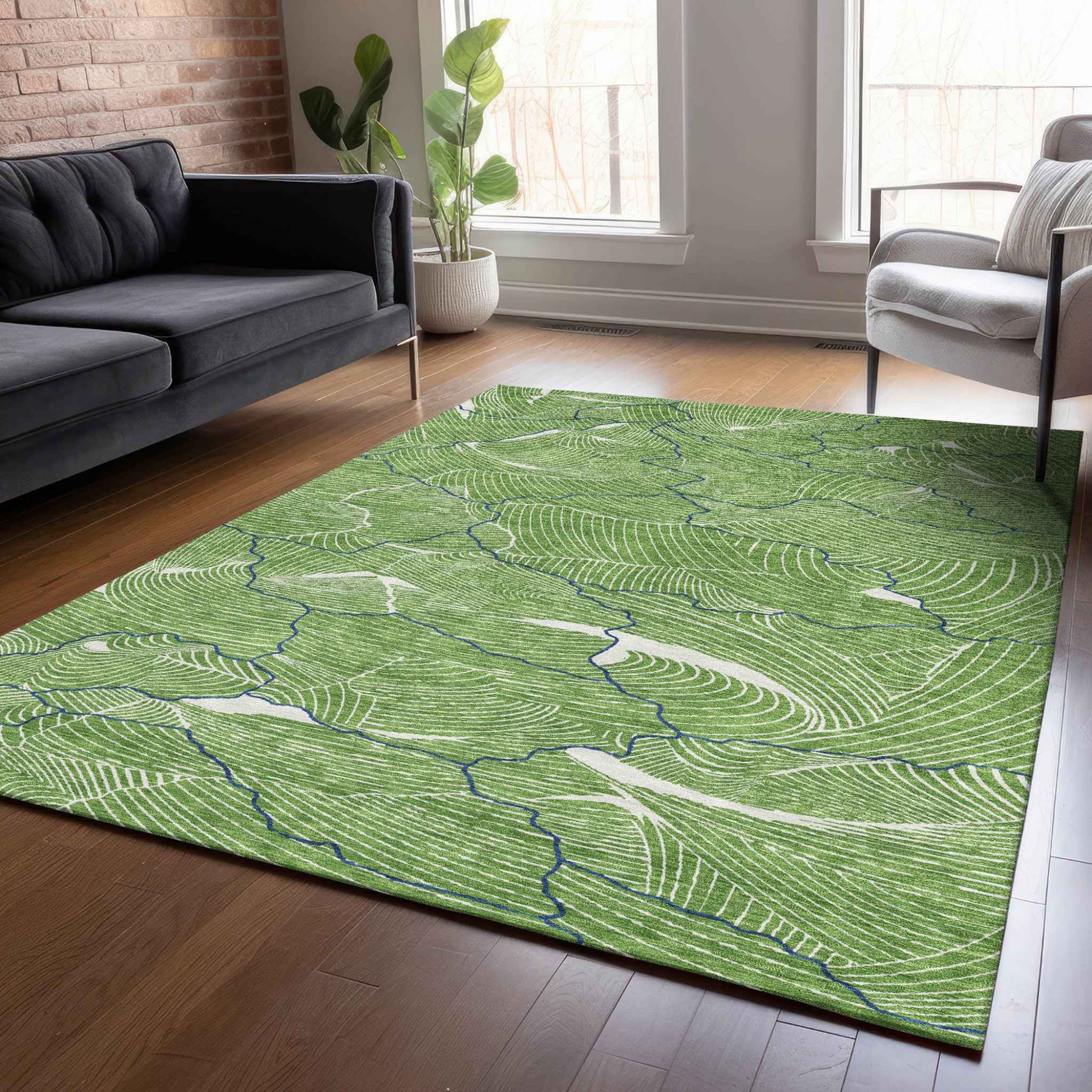 5' X 8' Green Blue And Ivory Abstract Washable Indoor Outdoor Area Rug