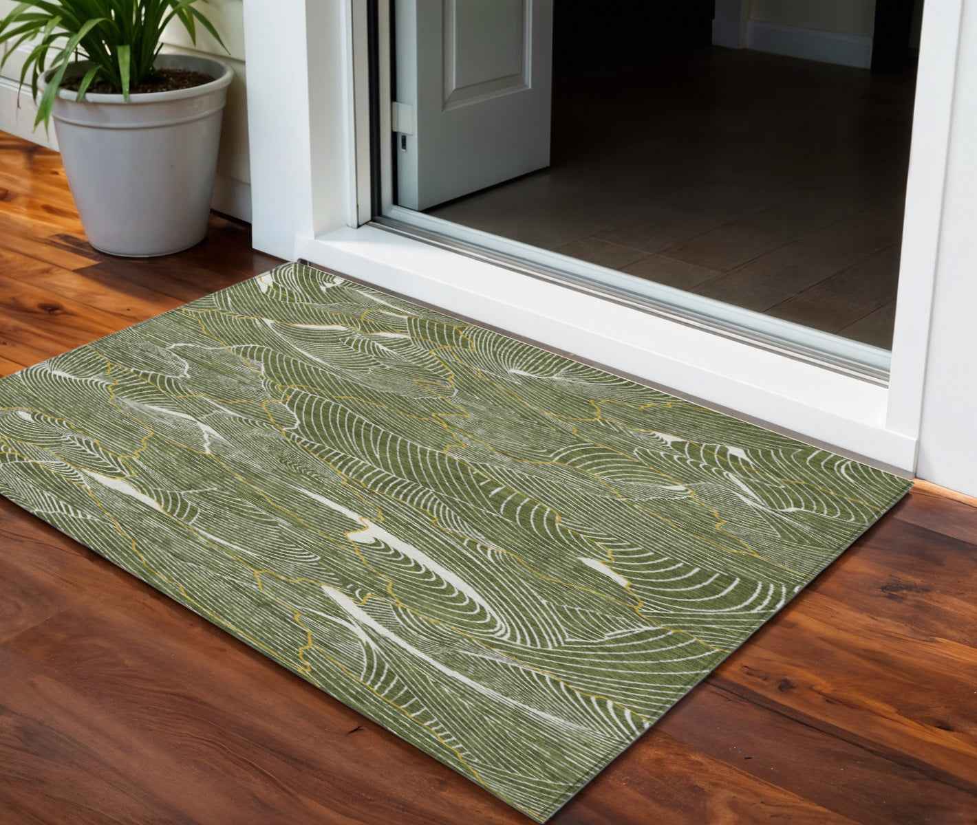 3' X 5' Olive Green Gold And Ivory Abstract Washable Indoor Outdoor Area Rug