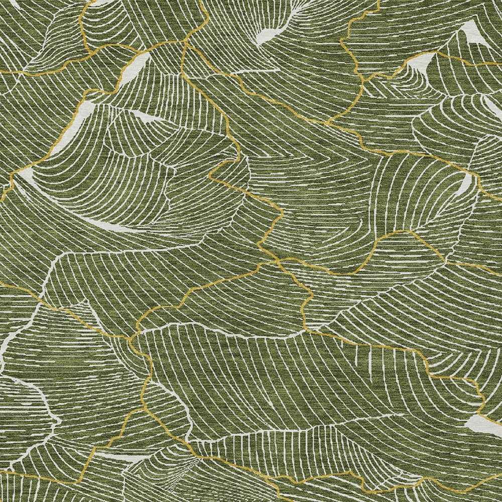 3' X 5' Olive Green Gold And Ivory Abstract Washable Indoor Outdoor Area Rug