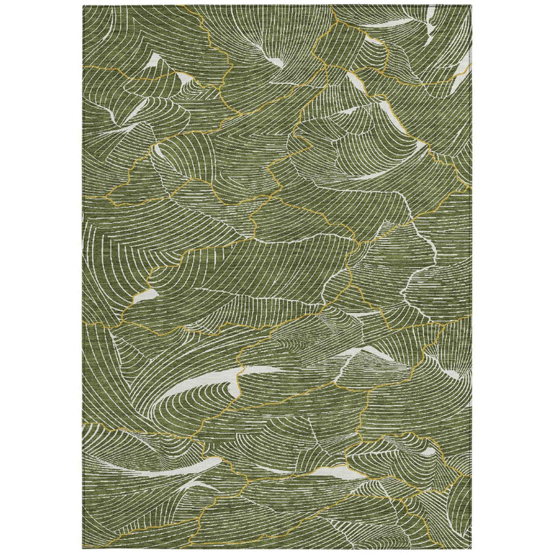 3' X 5' Olive Green Gold And Ivory Abstract Washable Indoor Outdoor Area Rug