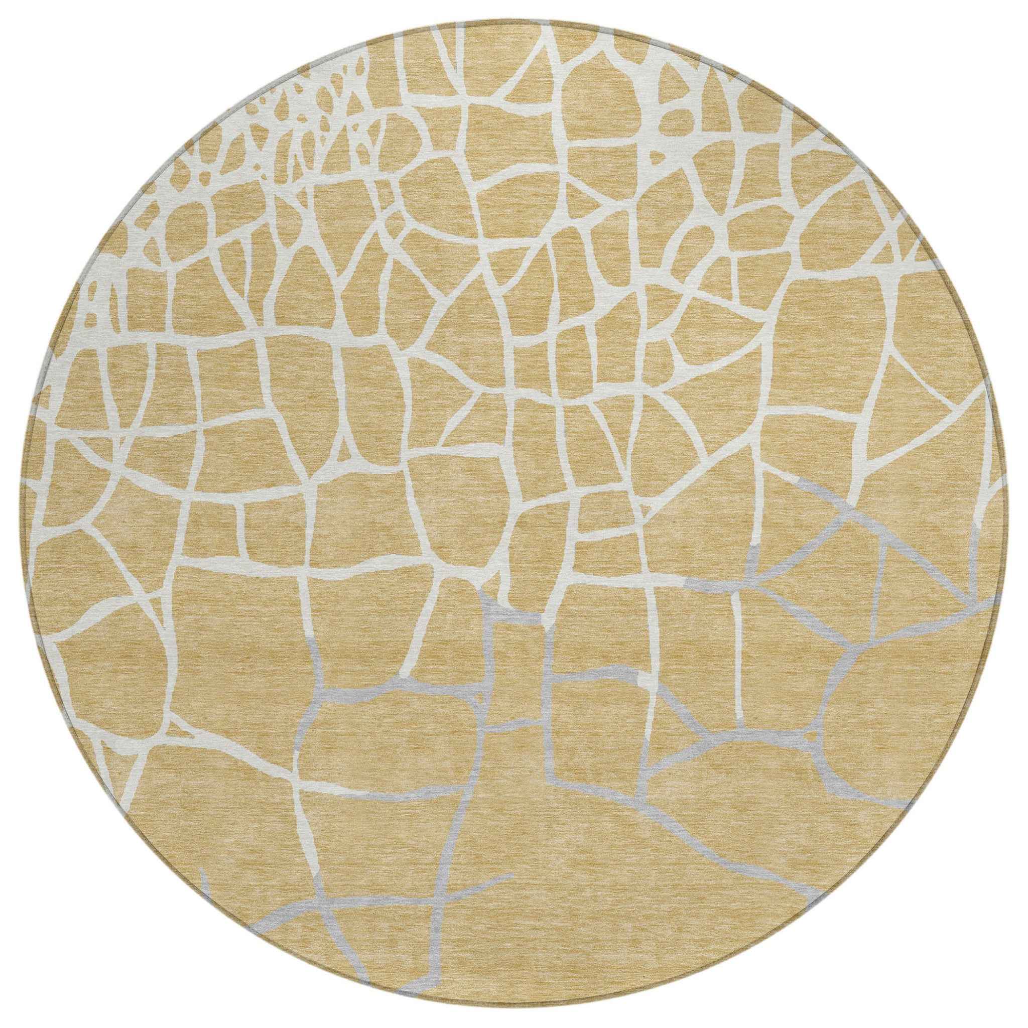 8' Gold And Beige Round Abstract Washable Indoor Outdoor Area Rug