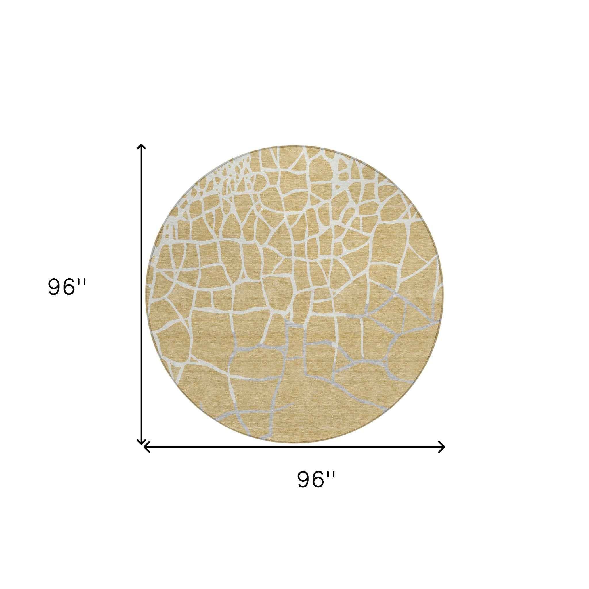 8' Gold And Beige Round Abstract Washable Indoor Outdoor Area Rug