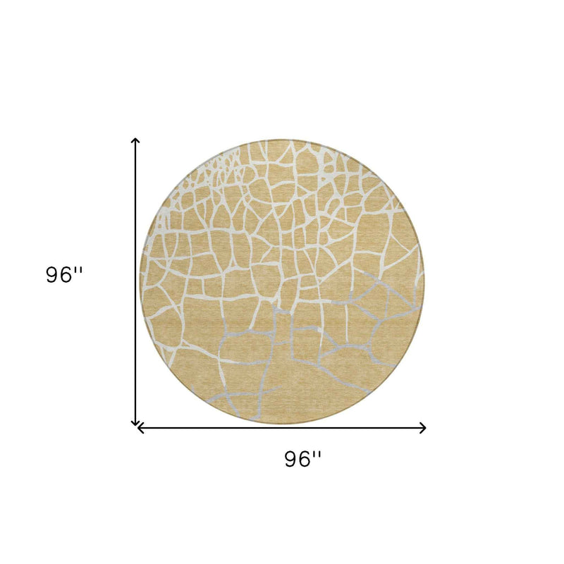 8' Gold And Beige Round Abstract Washable Indoor Outdoor Area Rug