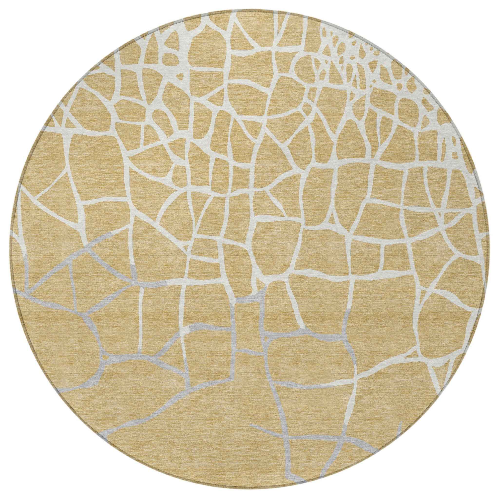8' Gold And Beige Round Abstract Washable Indoor Outdoor Area Rug