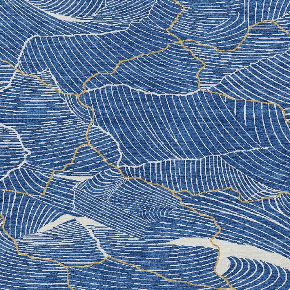 10' X 14' Blue Ivory And Gold Abstract Washable Indoor Outdoor Area Rug