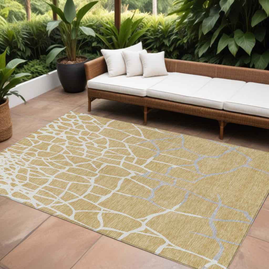 8' X 10' Gold And Beige Abstract Washable Indoor Outdoor Area Rug