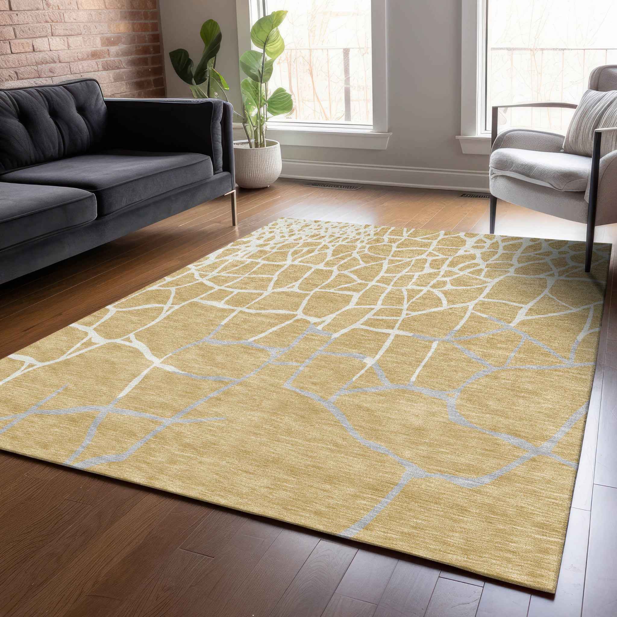 8' X 10' Gold And Beige Abstract Washable Indoor Outdoor Area Rug