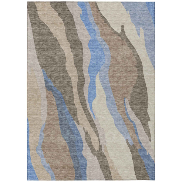 3' X 5' Taupe Tan And Blue Abstract Washable Indoor Outdoor Area Rug