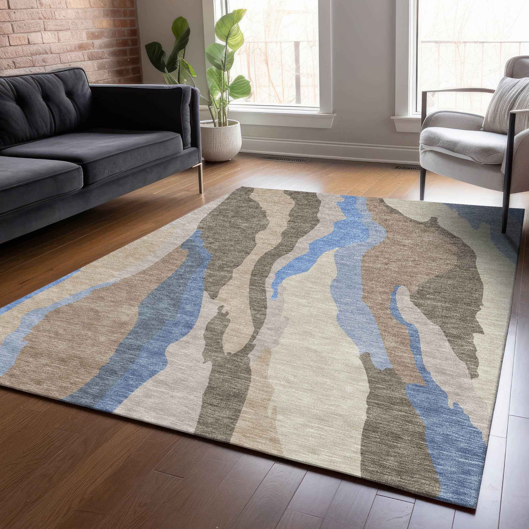 3' X 5' Taupe Tan And Blue Abstract Washable Indoor Outdoor Area Rug