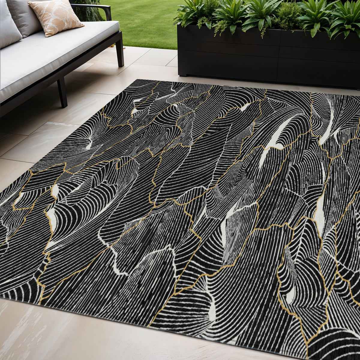 5' X 8' Black Ivory And Gold Abstract Washable Indoor Outdoor Area Rug