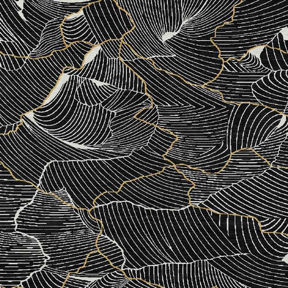 5' X 8' Black Ivory And Gold Abstract Washable Indoor Outdoor Area Rug