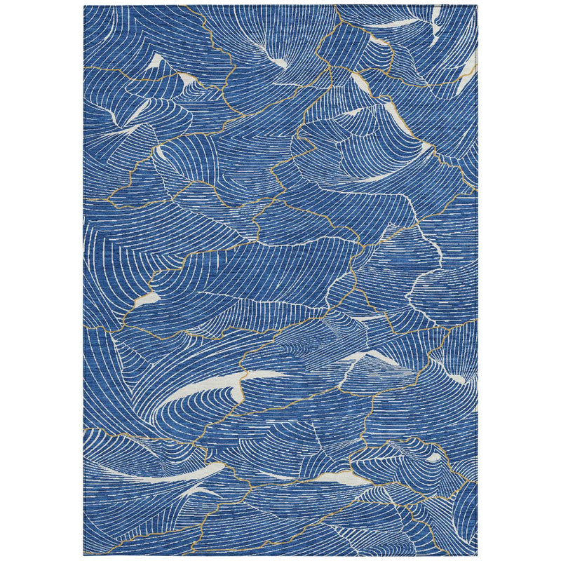 8' X 10' Blue Ivory And Gold Abstract Washable Indoor Outdoor Area Rug