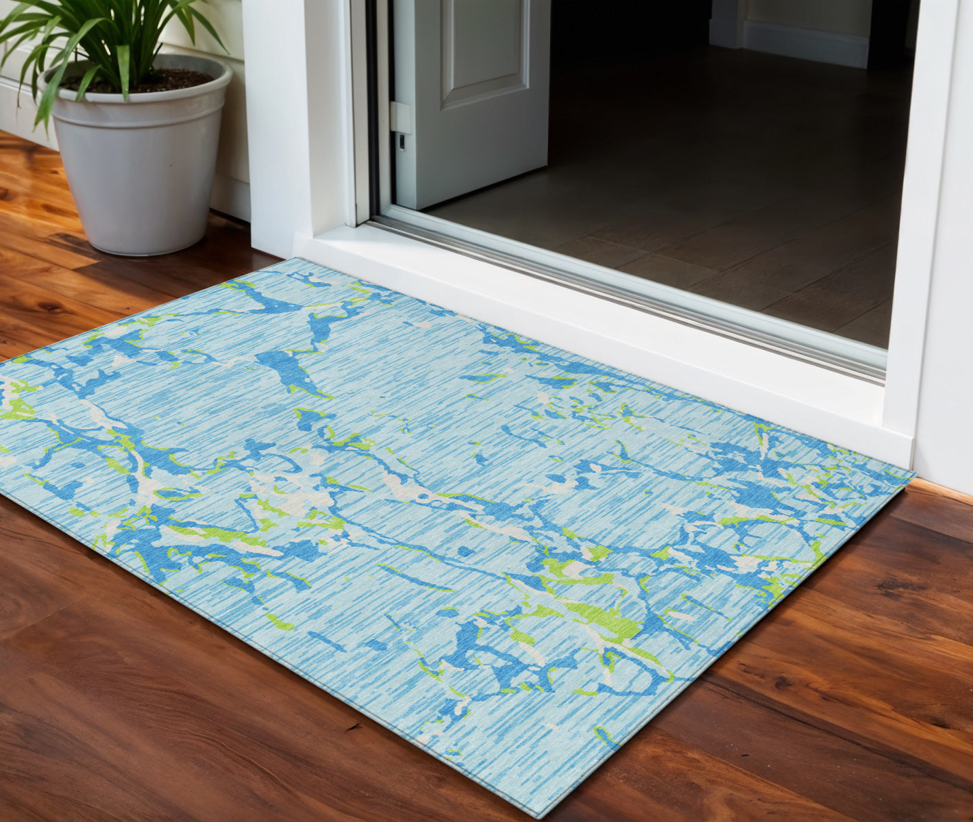 3' X 5' Sky Blue Green And Ivory Striped Washable Indoor Outdoor Area Rug - Sports & Outdoor