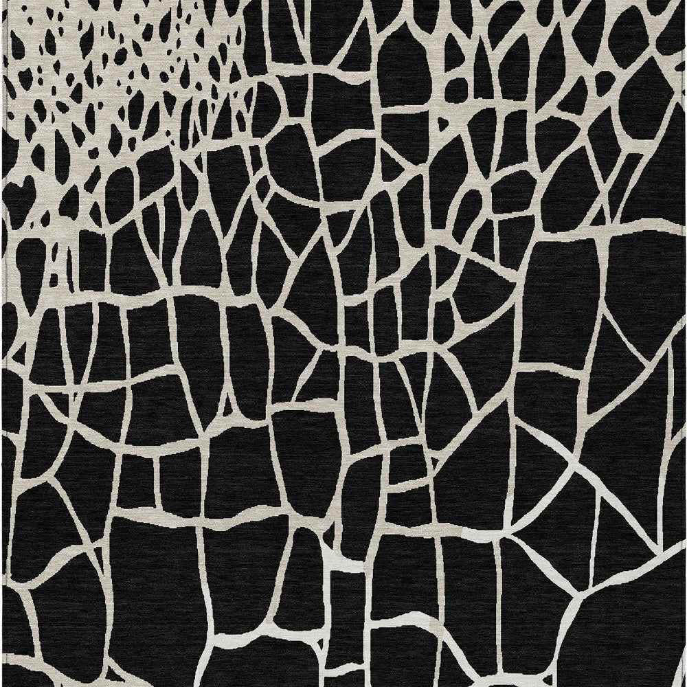 8' X 10' Black And Beige Abstract Washable Indoor Outdoor Area Rug