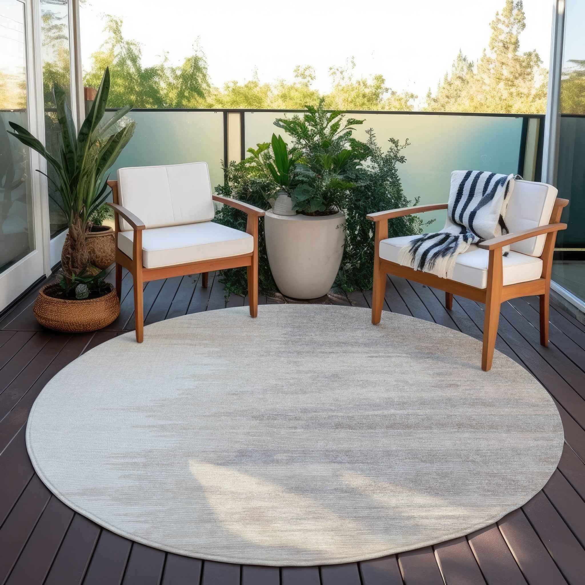 8' Ivory And Brown Round Abstract Washable Indoor Outdoor Area Rug