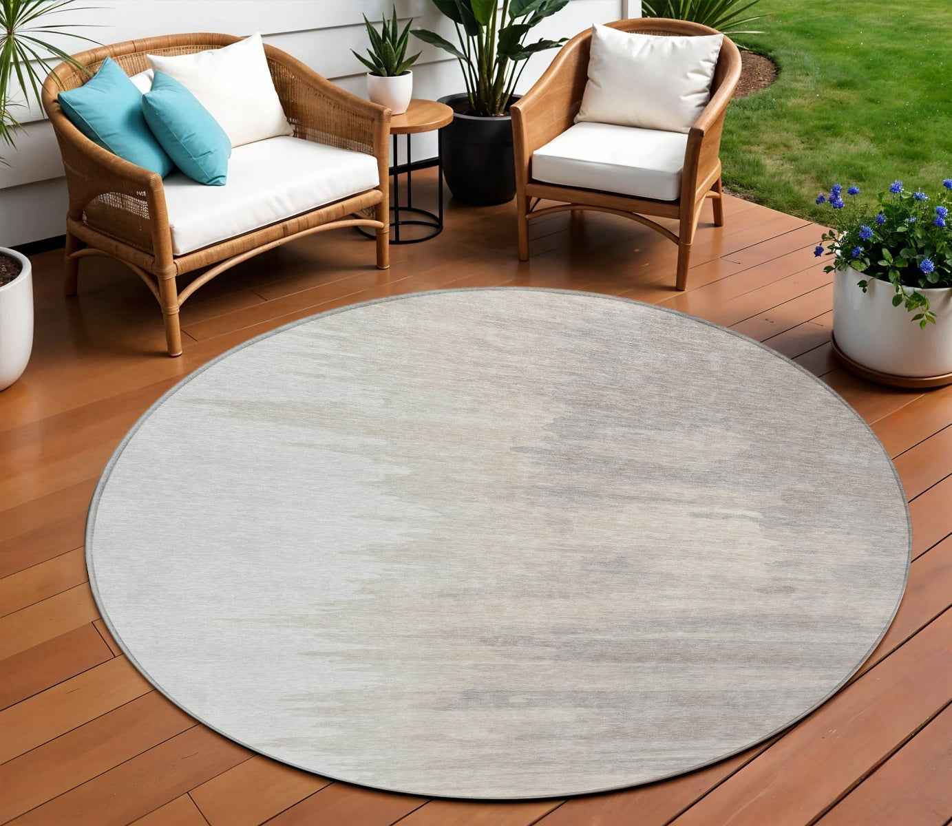 8' Ivory And Brown Round Abstract Washable Indoor Outdoor Area Rug