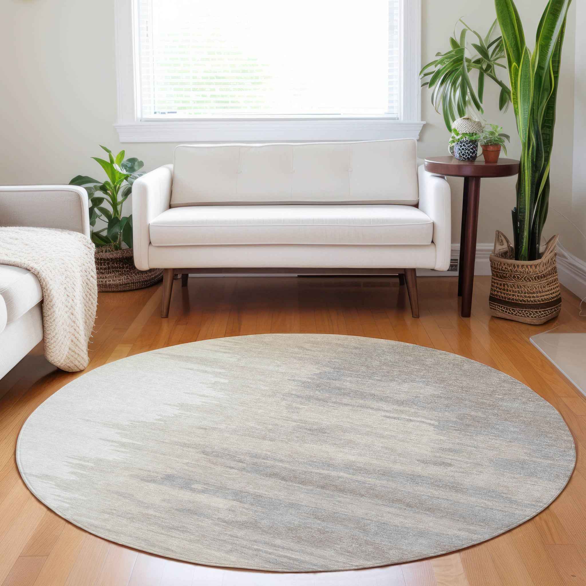 8' Ivory And Brown Round Abstract Washable Indoor Outdoor Area Rug