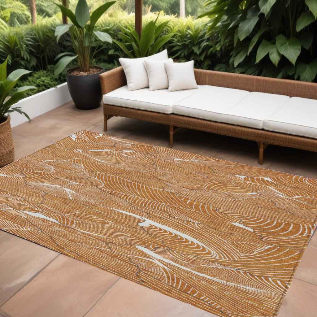 10' X 14' Copper Brown And Ivory Abstract Washable Indoor Outdoor Area Rug