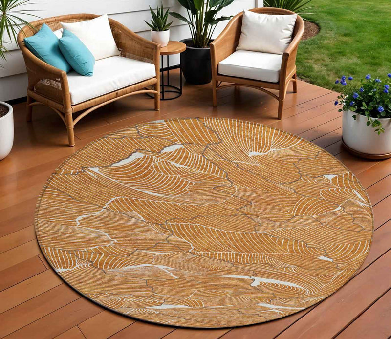 8' Copper Brown And Ivory Round Abstract Washable Indoor Outdoor Area Rug