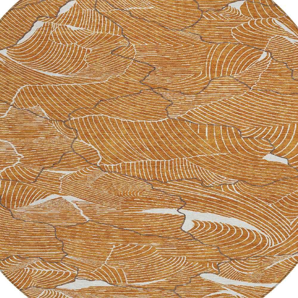 8' Copper Brown And Ivory Round Abstract Washable Indoor Outdoor Area Rug