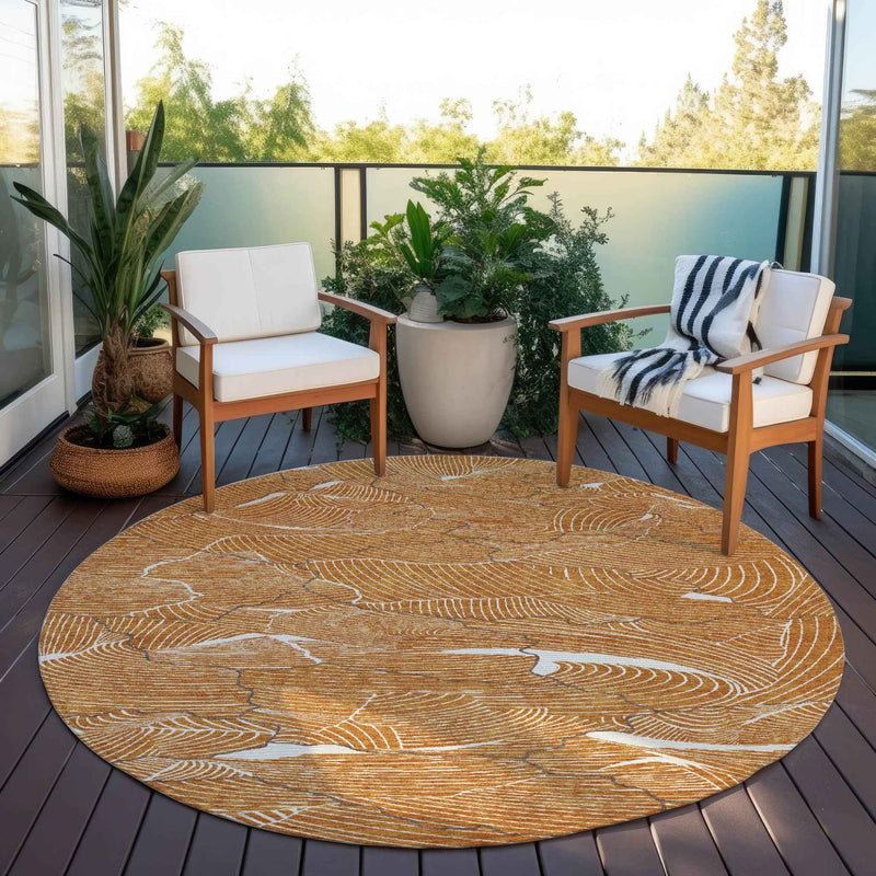 8' Copper Brown And Ivory Round Abstract Washable Indoor Outdoor Area Rug