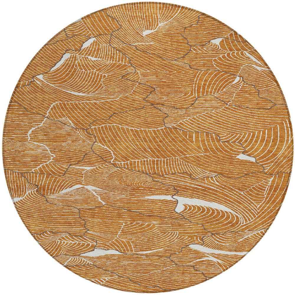 8' Copper Brown And Ivory Round Abstract Washable Indoor Outdoor Area Rug