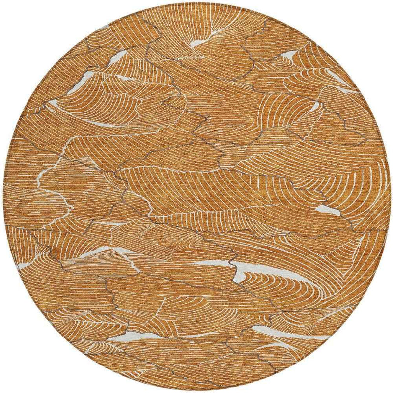 8' Copper Brown And Ivory Round Abstract Washable Indoor Outdoor Area Rug