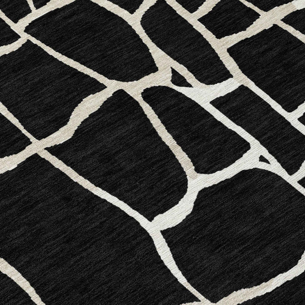 9' X 12' Black And Beige Abstract Washable Indoor Outdoor Area Rug