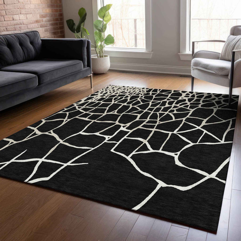 9' X 12' Black And Beige Abstract Washable Indoor Outdoor Area Rug