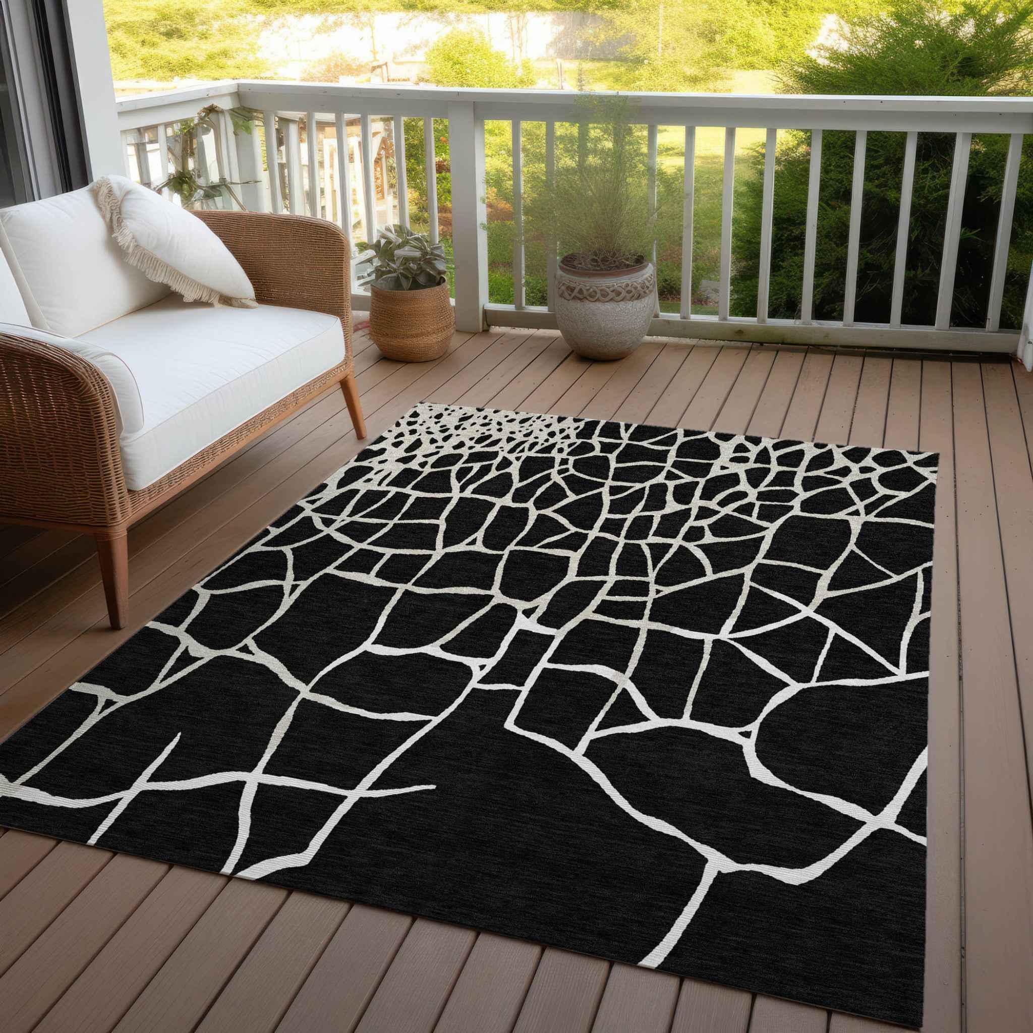9' X 12' Black And Beige Abstract Washable Indoor Outdoor Area Rug