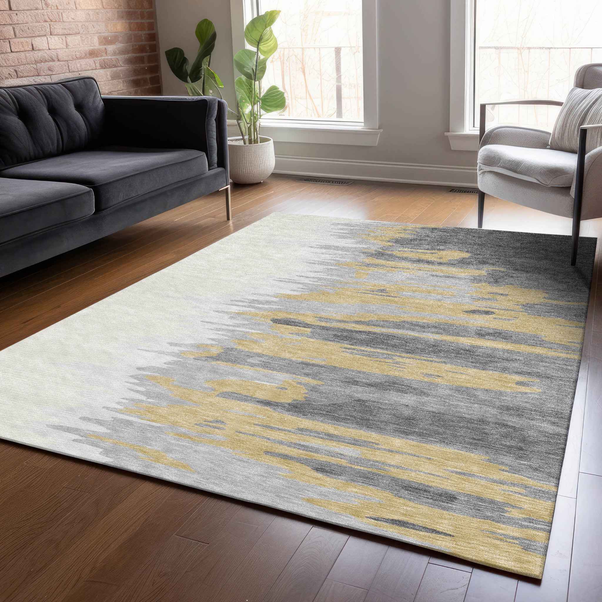 3' X 5' Gray Charcoal And Tan Abstract Washable Indoor Outdoor Area Rug