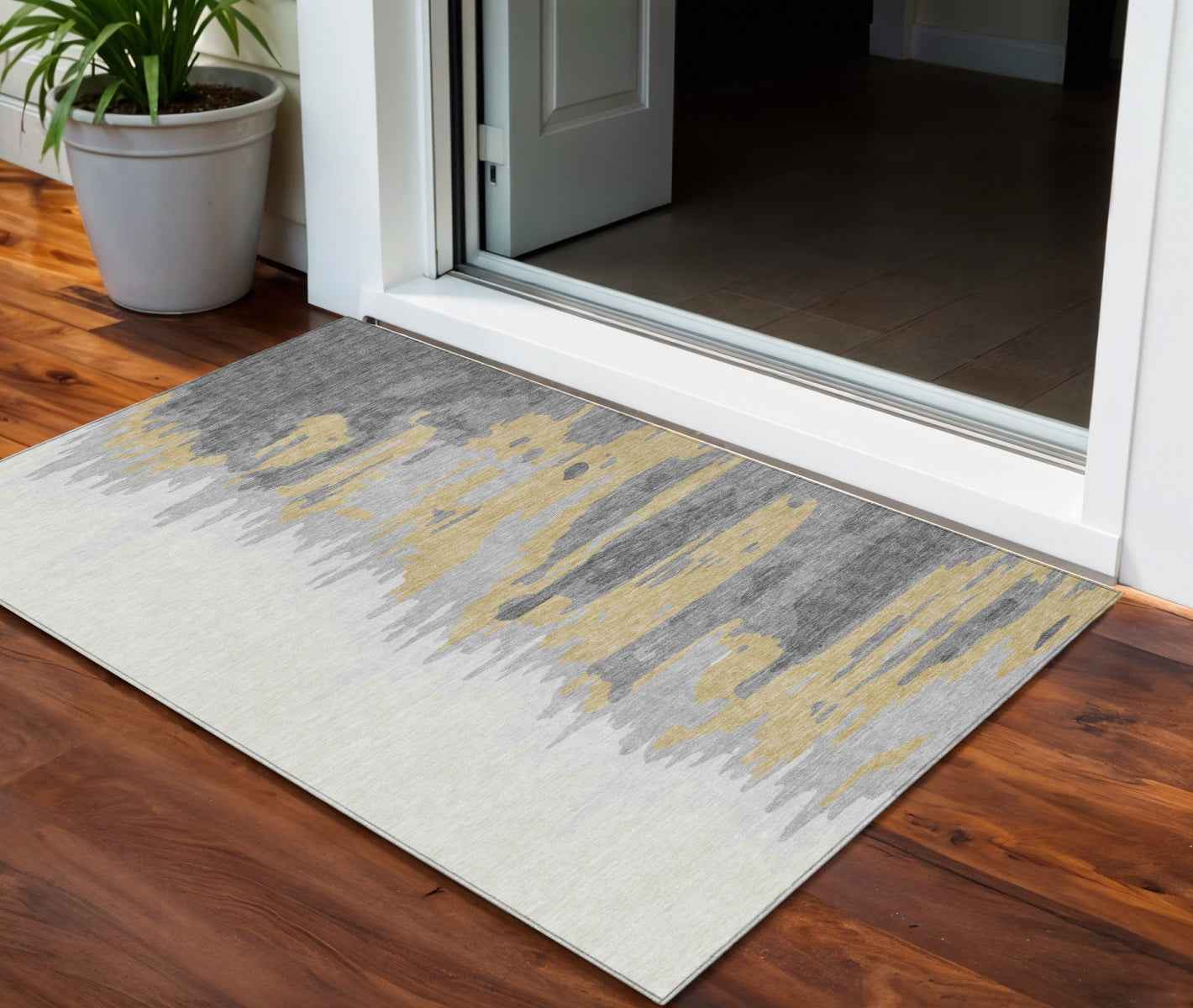 3' X 5' Gray Charcoal And Tan Abstract Washable Indoor Outdoor Area Rug