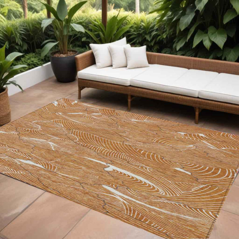 8' X 10' Copper Brown And Ivory Abstract Washable Indoor Outdoor Area Rug