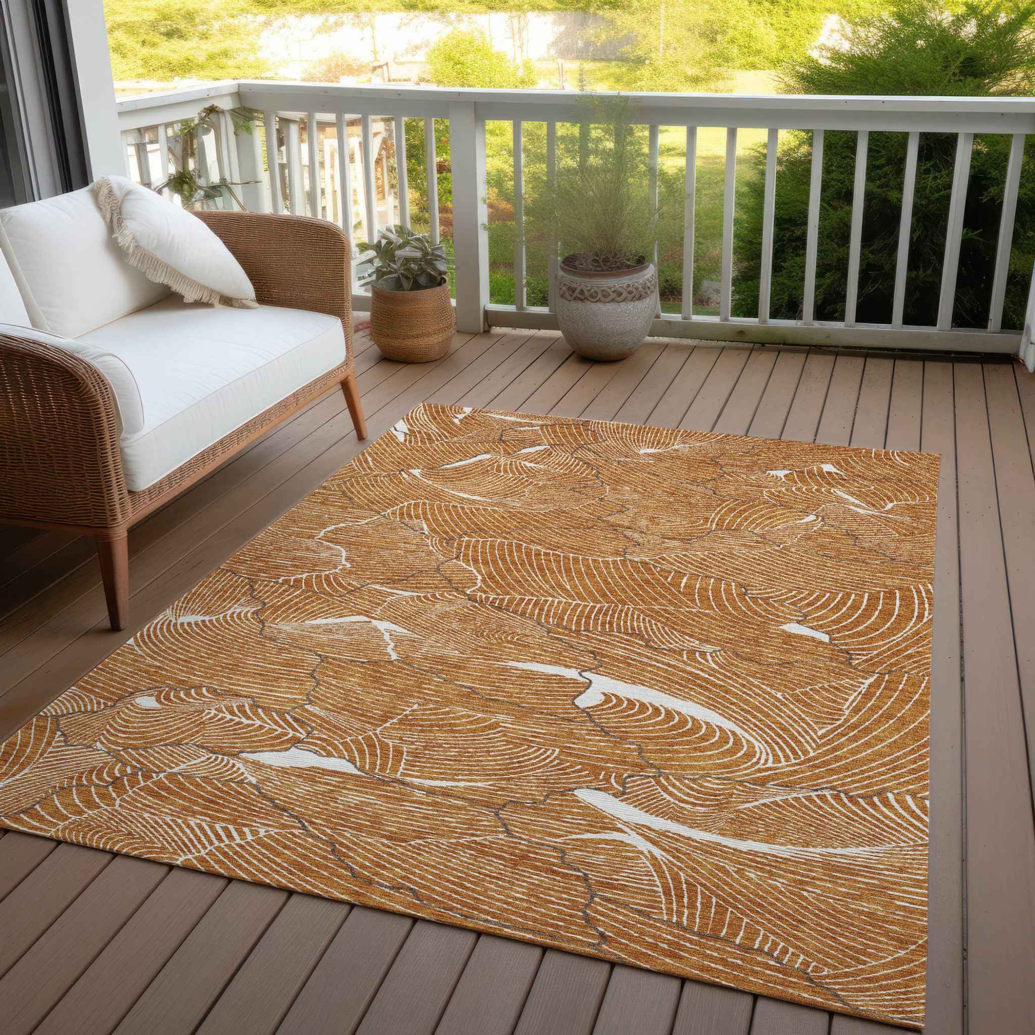 8' X 10' Copper Brown And Ivory Abstract Washable Indoor Outdoor Area Rug